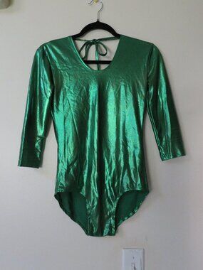 Green Metallic Alien Costume Bodysuit 3/4 Sleeve Open Back size small